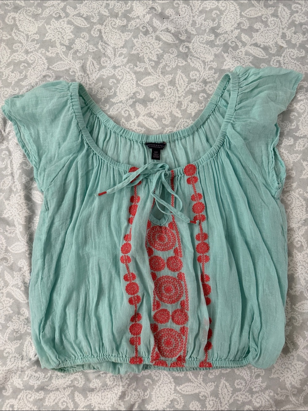 Aeropostale Mint Green Peasant Blouse with Coral Embroidery